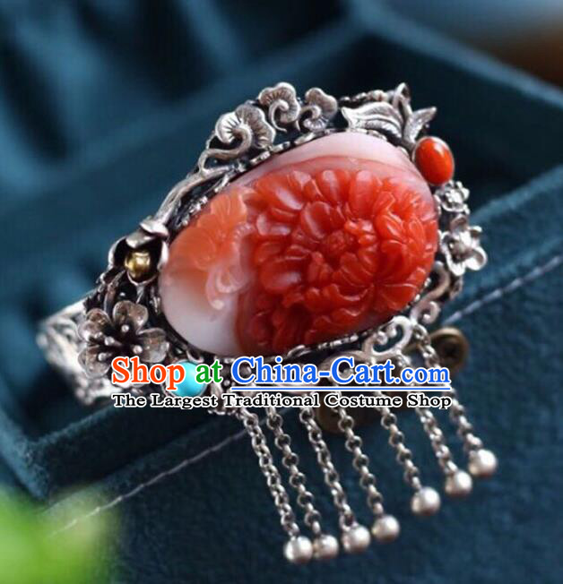 China Handmade Red Jade Carving Peony Bracelet Traditional Jewelry Accessories National Silver Plum Bangle