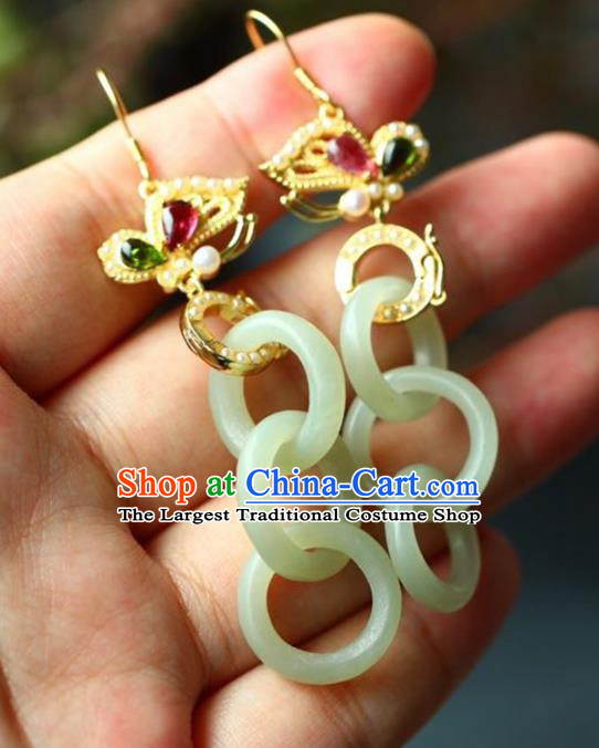 Handmade China Cheongsam Jade Rings Eardrop Traditional Jewelry Accessories National Golden Butterfly Earrings