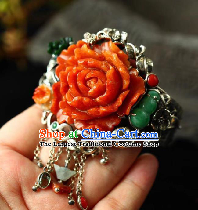 China Handmade Jade Carving Red Peony Bracelet Traditional Jewelry Accessories National Retro Silver Bangle