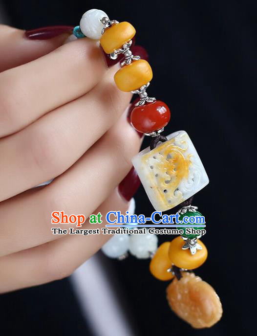 China Handmade White Jade Beads Bracelet Traditional Jewelry Accessories National Beeswax Silver Bangle