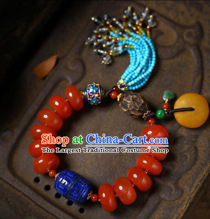 China Handmade Red Bracelet Traditional Lapis Jewelry Accessories National Blue Beads Tassel Bangle