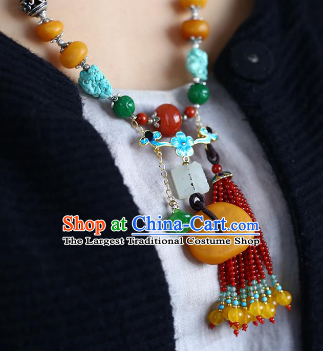 Chinese Handmade Garnet Beads Tassel Necklet National Classical Kallaite Necklace Beeswax Accessories