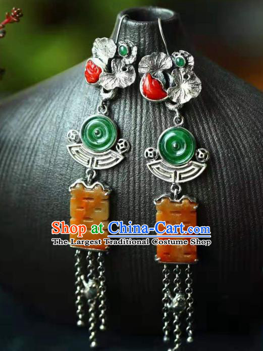 Handmade China Silver Lotus Tassel Eardrop Jewelry Traditional Cheongsam Jade Accessories National Wedding Earrings