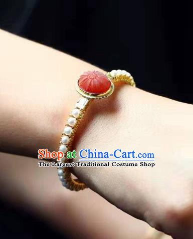 China Traditional Jewelry Accessories Handmade Agate Bracelet National Pearls Golden Bangle