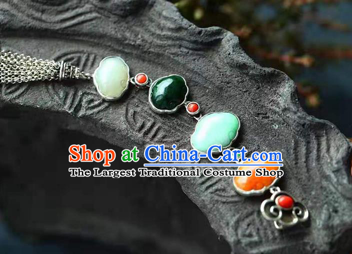 Chinese Handmade Qing Dynasty Silver Tassel Brooch Accessories Traditional Jade Breastpin Pendant Jewelry