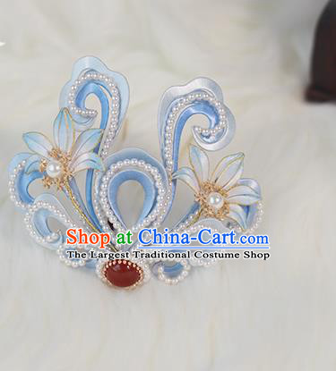 Chinese Ming Dynasty Princess Blue Silk Hair Crown Ancient Court Lady Pearls Hair Accessories