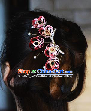 Chinese Ancient Court Woman Hairpin Traditional Song Dynasty Red Silk Peony Hair Comb