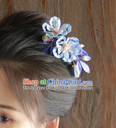 Chinese Ancient Royal Princess Hairpin Traditional Song Dynasty Imperial Consort Blue Silk Peony Hair Comb