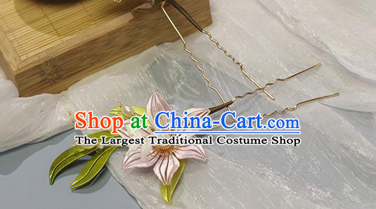 Chinese Ancient Court Lady Hair Stick Traditional Qing Dynasty Pink Silk Lily Flower Hairpin