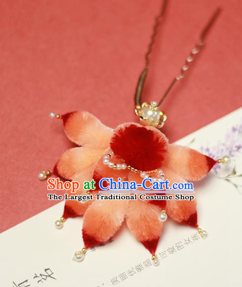 Chinese Handmade Classical Red Velvet Fox Tail Hairpin Traditional Hair Accessories Hanfu Pearls Hair Stick