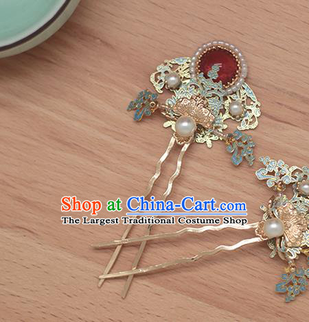 Chinese Handmade Ming Dynasty Hair Accessories Classical Ruby Hairpin Traditional Ancient Empress Hair Stick