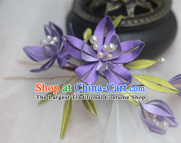 Chinese Handmade Ancient Princess Purple Silk Hair Stick Traditional Song Dynasty Flowers Hairpin