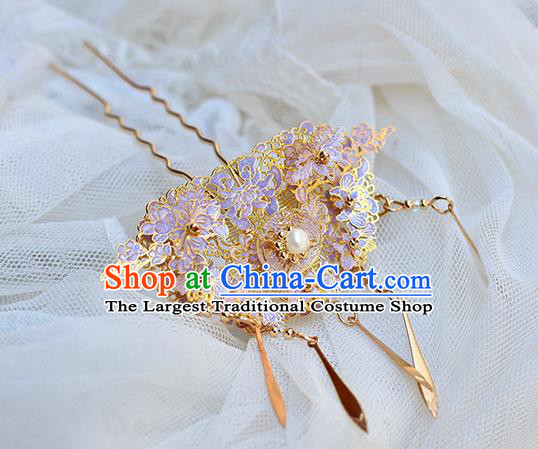 Chinese Ancient Qing Dynasty Palace Lady Tassel Hair Stick Handmade Enamel Purple Hairpin