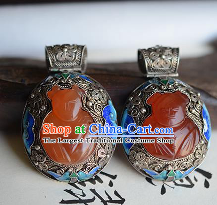 China Traditional Cloisonne Silver Necklet Jewelry Accessories National Agate Carving Friendlies Necklace Pendant