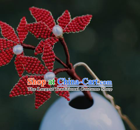 Chinese Traditional Handmade Hanfu Hairpin Ancient Princess Red Beads Maple Leaf Hair Stick