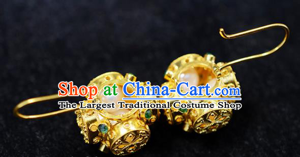 Chinese Ancient Court Princess Filigree Golden Ear Jewelry Traditional Qing Dynasty Pearls Earrings Accessories