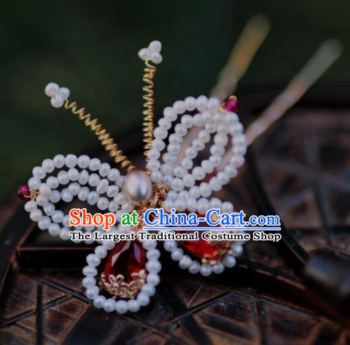 Chinese Traditional Hanfu Crystal Hairpin Ancient Ming Dynasty Princess Beads Butterfly Hair Stick