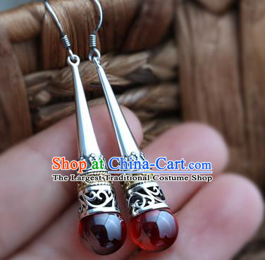 Handmade Chinese Red Garnet Eardrop Traditional Silver Ear Jewelry Classical Cheongsam Earrings Accessories