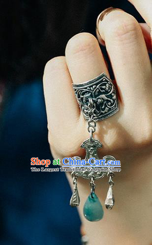 China Traditional Jewelry Accessories Jade Tassel Circlet Handmade Silver Carving Ring