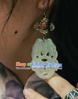 Handmade Chinese Classical Cheongsam Jade Butterfly Earrings Accessories Silver Carving Eardrop Traditional Ear Jewelry