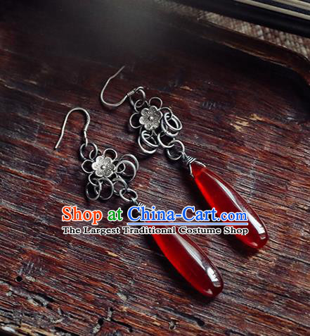 Handmade Chinese Traditional Silver Plum Ear Jewelry Classical Cheongsam Earrings Accessories Agate Eardrop