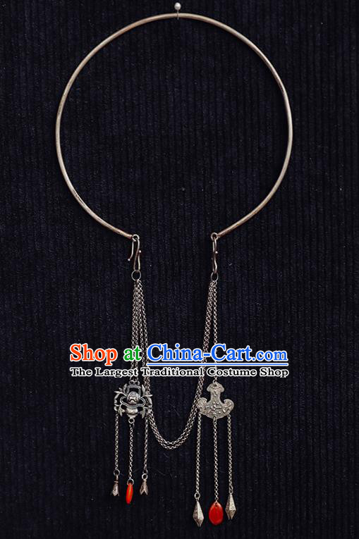 Chinese Classical Silver Longevity Lock National Tassel Necklace Handmade Ethnic Necklet Accessories