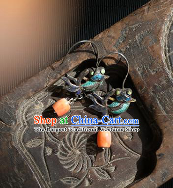 Handmade Chinese Traditional Blueing Fish Ear Jewelry Classical Cheongsam Earrings Accessories Agate Eardrop