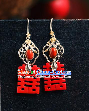 Handmade Chinese Classical Cheongsam Red Earrings Accessories Silver Eardrop Traditional Wedding Ear Jewelry