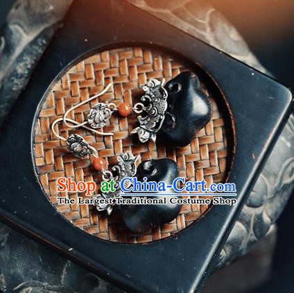 Handmade Chinese Classical Cheongsam Silver Carving Bat Earrings Accessories Traditional Ear Jewelry Ebony Eardrop