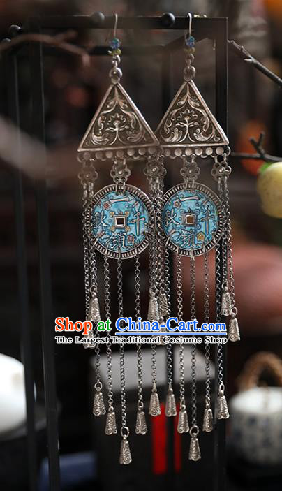 Handmade Chinese Classical Cheongsam Silver Earrings Accessories Traditional Long Tassel Ear Jewelry Wedding Blueing Copper Eardrop