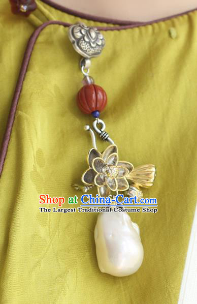 Chinese Handmade National Pearl Tassel Breastpin Pendant Cheongsam Jewelry Accessories Classical Silver Lotus Brooch