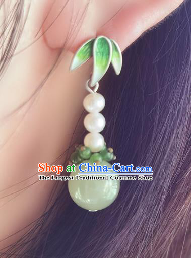 Handmade Chinese Enamel Bamboo Leaf Ear Jewelry Traditional Eardrop Classical Pearls Earrings Accessories