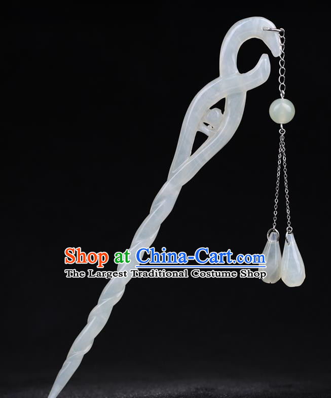 China National White Jade Tassel Ebony Hairpin Handmade Hair Jewelry Accessories Traditional Cheongsam Hair Stick