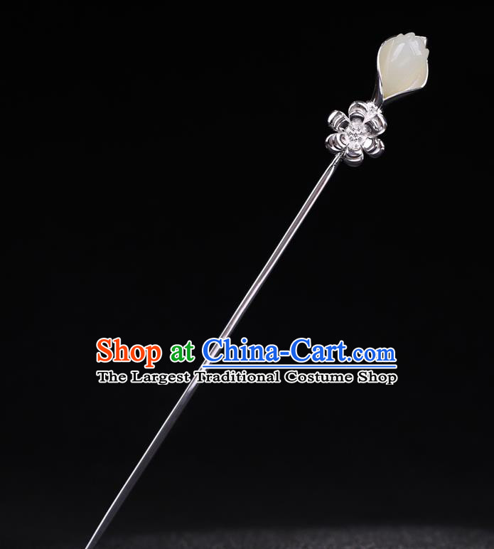 China National Jade Magnolia Hairpin Handmade Hair Jewelry Accessories Traditional Cheongsam Silver Hair Clip