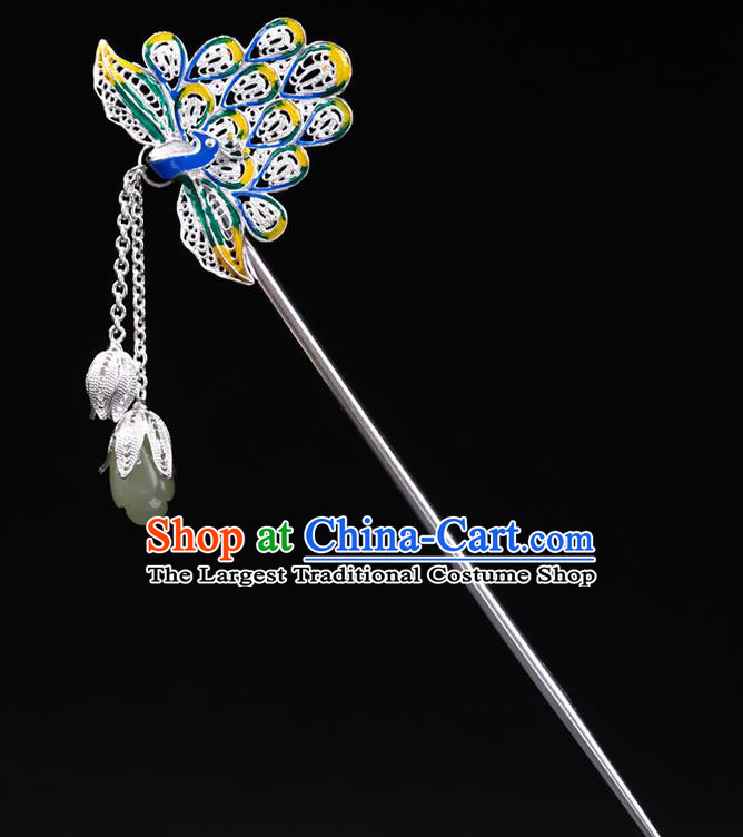 China National Cloisonne Peacock Hairpin Handmade Hair Jewelry Accessories Traditional Cheongsam Jade Magnolia Tassel Silver Hair Clip