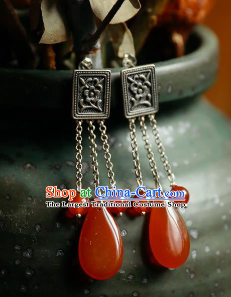 Handmade Chinese Traditional Wedding Silver Eardrop Classical Cheongsam Earrings Accessories Agate Ear Jewelry