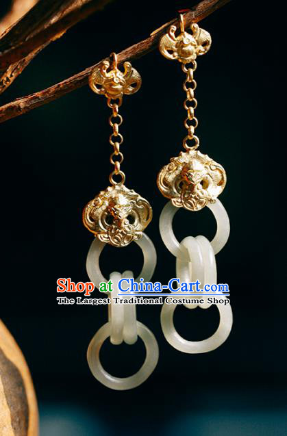 Handmade Chinese Traditional Wedding Golden Bat Eardrop Classical Cheongsam Earrings Accessories Jade Rings Ear Jewelry