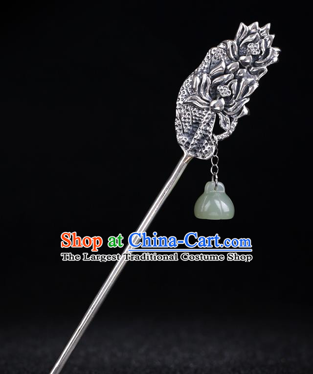 China National Jade Tassel Hairpin Handmade Hair Jewelry Accessories Traditional Cheongsam Silver Carving Lotus Hair Stick