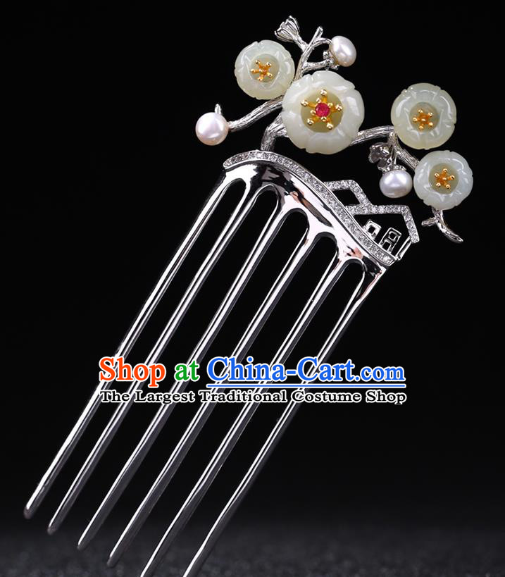 China National Jade Plum Blossom Hairpin Handmade Hair Jewelry Accessories Traditional Cheongsam Pearls Silver Hair Comb