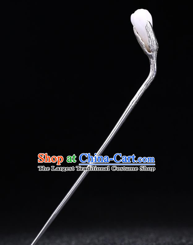 China National Silver Hairpin Handmade Hair Jewelry Accessories Traditional Cheongsam White Jade Mangnolia Hair Stick