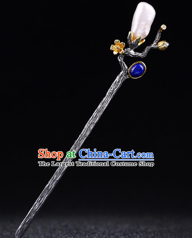 China National Silver Plum Blossom Hairpin Handmade Hair Jewelry Accessories Traditional Cheongsam Pearl Hair Stick