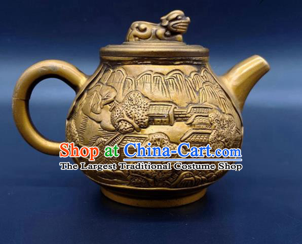 Handmade Chinese Carving Teapot Ornaments Traditional Brass Craft Anaglyph Flagon