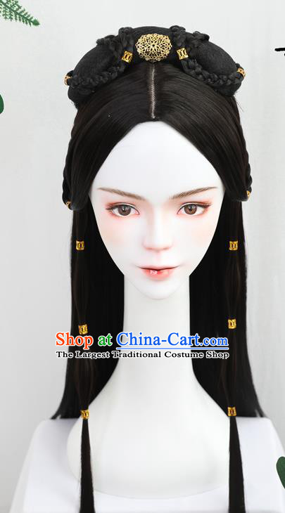 China Traditional Qin Dynasty Princess Wiggery Headdress Handmade Ancient Palace Lady Wig Sheath