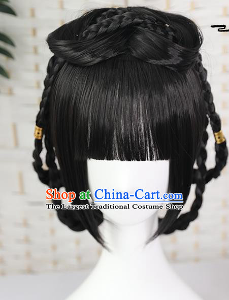 China Traditional Song Dynasty Young Lady Straight Bangs Wiggery Headdress Handmade Ancient Village Girl Wig Sheath