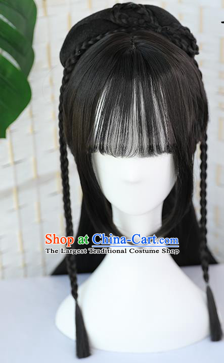 China Traditional Song Dynasty Young Beauty Wiggery Headdress Handmade Ancient Female Swordsman Straight Bang Wig Sheath