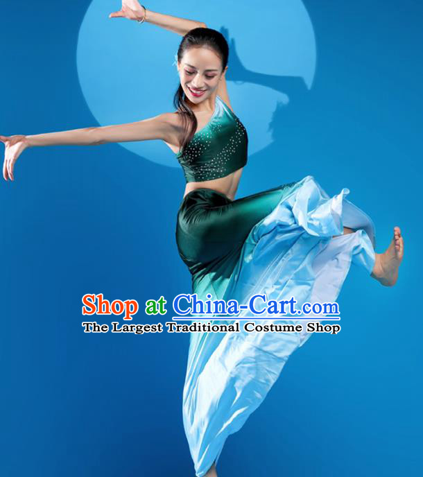 China Handmade Peacock Dance Green Dress Outfits Traditional Dai Nationality Folk Dance Clothing