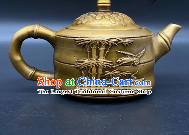 Handmade Chinese Carving Bamboo Teapot Ornaments Traditional Brass Teakettle Craft