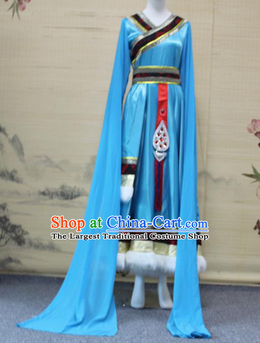 China Traditional Zang Nationality Folk Dance Clothing Tibetan Ethnic Women Dance Blue Robe