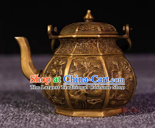 Handmade Chinese Carving Mandarin Duck Teapot Ornaments Traditional Brass Accessories Tea Kettle