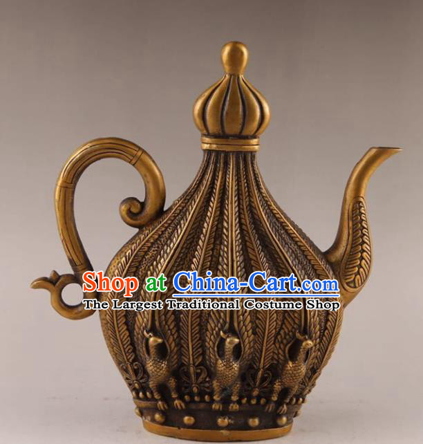 Handmade Chinese Carving Phoenix Wine Pot Ornaments Traditional Brass Accessories Flagon